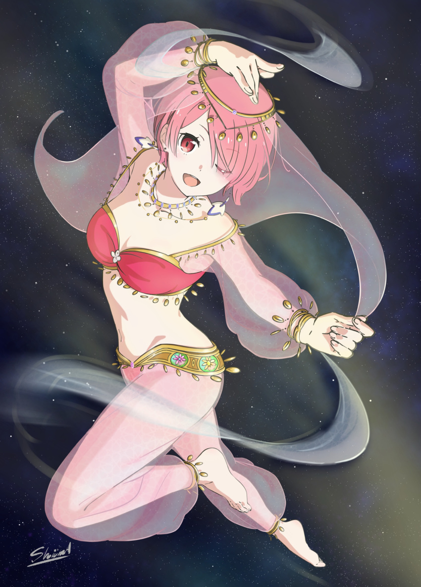 1girl :d alternate_costume anklet arm_up bare_shoulders barefoot bracelet breasts circlet cleavage collarbone commentary_request commission dancer earrings full_body gold hair_over_one_eye harem_outfit harem_pants highres jewelry looking_at_viewer navel necklace one_eye_closed open_mouth pants pink_eyes pink_hair ram_(re:zero) re:zero_kara_hajimeru_isekai_seikatsu see-through see-through_pants see-through_shawl see-through_sleeves shawl shiima short_hair signature smile solo space teeth upper_teeth veil