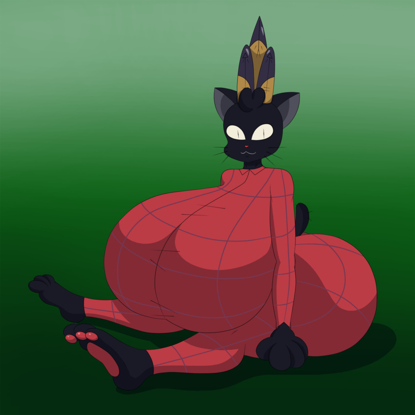 anthro big_breasts big_butt black_body breasts butt clothed clothing cult_of_the_lamb domestic_cat felid feline felis female forneus headgear headwear hi_res huge_breasts huge_butt hyper hyper_breasts looking_at_viewer mammal marshall123x_(artist) paws sitting smile solo whiskers