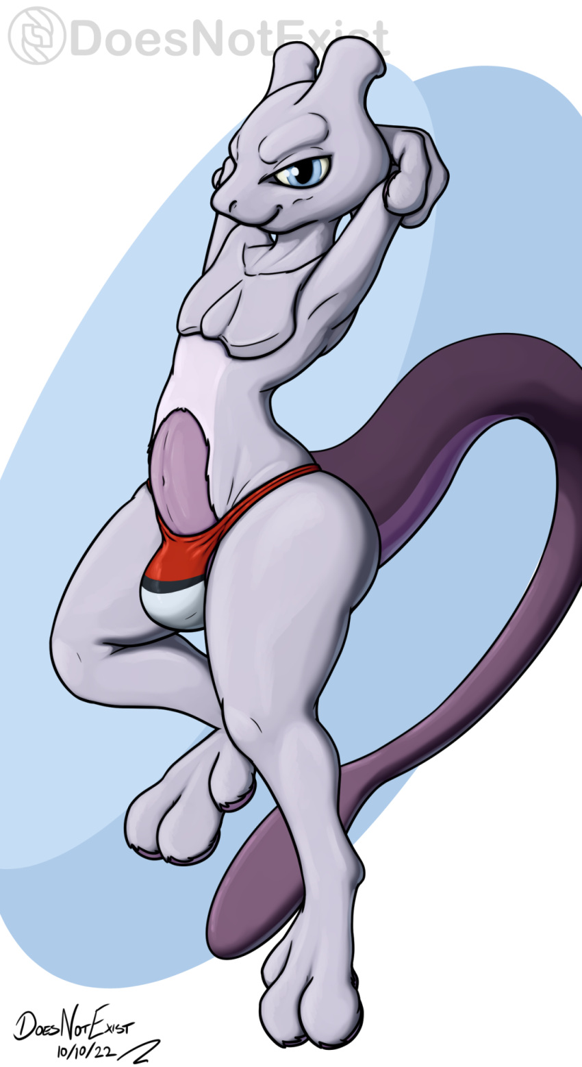 2022 3_fingers 3_toes alpha_channel anthro bedroom_eyes big_butt blue_eyes bulge butt clothing digital_media_(artwork) doesnotexist feet fingers floating fur generation_1_pokemon grey_body grey_fur hands_behind_head hi_res iorite_(doesnotexist) legendary_pokemon levitating long_tail looking_at_viewer male mewtwo narrowed_eyes navel nintendo pokemon pokemon_(species) purple_body purple_skin raised_arms red_clothing red_speedo red_swimwear seductive shaded signature simple_background smile smiling_at_viewer solo speedo speedo_only subscribestar swimwear toes transparent_background video_games watermark white_clothing white_speedo white_swimwear wide_hips