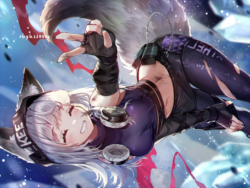 1girl animal_ears arknights bangs beanie black_gloves breasts chain closed_eyes cowboy_shot crop_top dirty dirty_face ears_through_headwear fingerless_gloves fox_ears fox_girl fox_tail frostleaf_(arknights) frostleaf_(break_the_ice)_(arknights) gloves green_nails grin hand_on_own_knee hat headphones headphones_around_neck highres layered_sleeves leaning_forward long_hair medium_breasts midriff navel ninjinshiru official_alternate_costume pants purple_shirt shirt sleeveless sleeveless_shirt smile solo stomach tail teeth torn_clothes torn_legwear torn_pants v white_hair woollen_cap