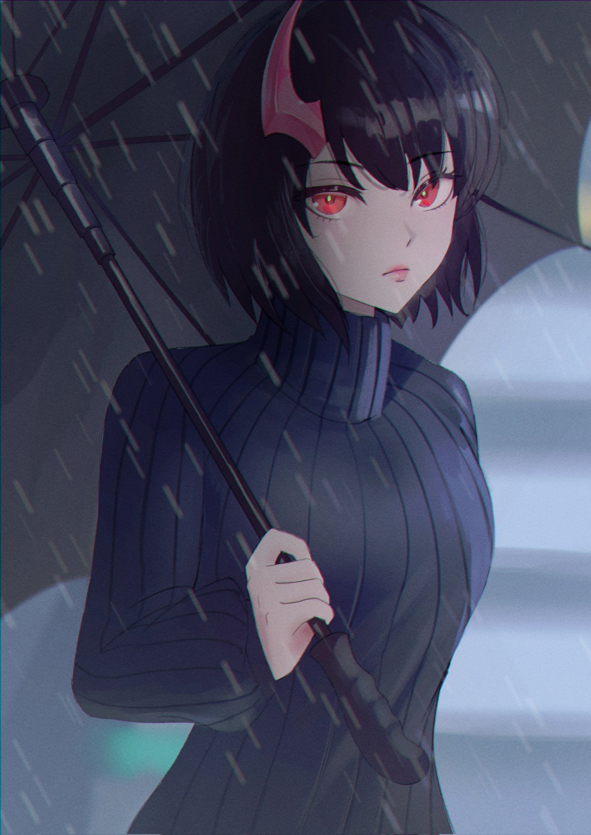 1girl :i adventurequest_worlds artix_entertainment black_hair black_sweater black_umbrella blurry blurry_background city fa_(adventurequest_worlds) green_pupils highres holding holding_umbrella horns looking_at_viewer lovertee_arts rain red_eyes short_hair single_horn solo sweater umbrella