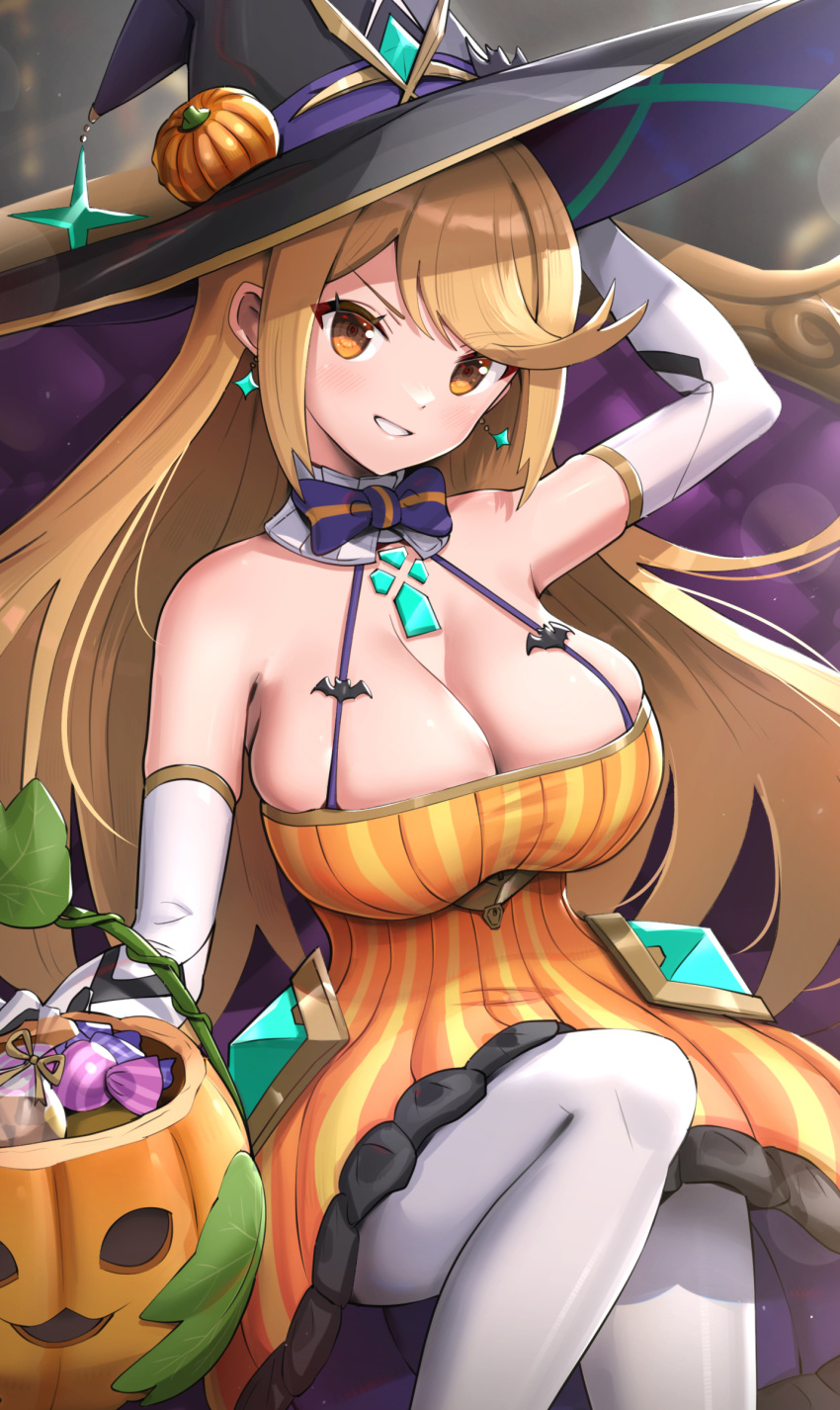 1girl alternate_costume bangs blonde_hair bow bowtie breasts candy chair cleavage duplicate earrings elbow_gloves food gloves gonzarez halloween halloween_bucket halloween_costume hat highres huge_breasts jewelry knees_up long_hair looking_at_viewer mythra_(xenoblade) pantyhose pixel-perfect_duplicate pumpkin sitting skindentation smile solo star_(symbol) star_earrings swept_bangs teeth very_long_hair white_pantyhose witch witch_hat xenoblade_chronicles_(series) xenoblade_chronicles_2 yellow_eyes
