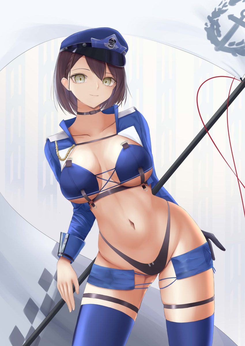 azur_lane baltimore_(azur_lane) baltimore_(finish_line_flagbearer)_(azur_lane) bikini blue_bikini blue_headwear blue_jacket breasts brown_hair cowboy_shot cropped_jacket flag grey_eyes highleg highleg_bikini highres holding holding_flag holding_pole jacket kdkaikai large_breasts micro_shorts mismatched_bikini navel official_alternate_costume pole race_queen short_hair shorts swimsuit