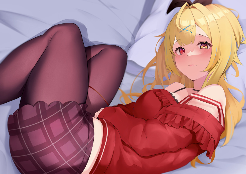 1girl bed black_bra blonde_hair blush bra breasts brown_pantyhose brown_shorts closed_mouth frills from_above hair_ornament hair_ribbon heterochromia highres hoshikawa_sara lace-trimmed_bra lace_trim legwear_under_shorts long_hair long_sleeves looking_at_viewer lying nashiki_(5tella) nijisanji off-shoulder_shirt off_shoulder official_alternate_costume on_bed on_side pantyhose pillow red_eyes red_shirt ribbon shirt shorts solo underwear very_long_hair virtual_youtuber x_hair_ornament