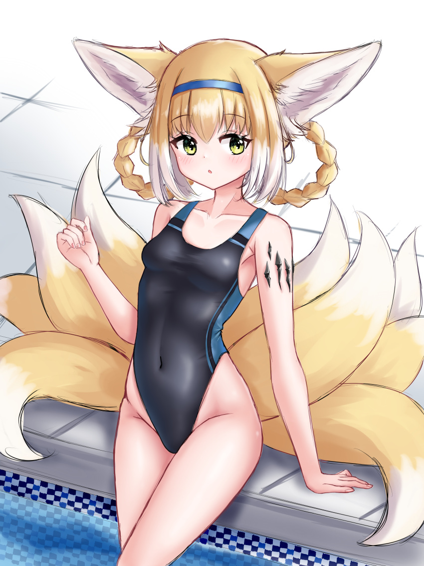 absurdres animal_ear_fluff animal_ears arknights arm_up black_one-piece_swimsuit blonde_hair braid breasts competition_swimsuit covered_navel fox_ears fox_tail green_eyes groin hair_rings hairband highleg highleg_swimsuit highres long_hair multiple_tails one-piece_swimsuit paid_reward_available partially_submerged pool poolside rylaera small_breasts suzuran_(arknights) swimsuit tail thighs twin_braids twintails water