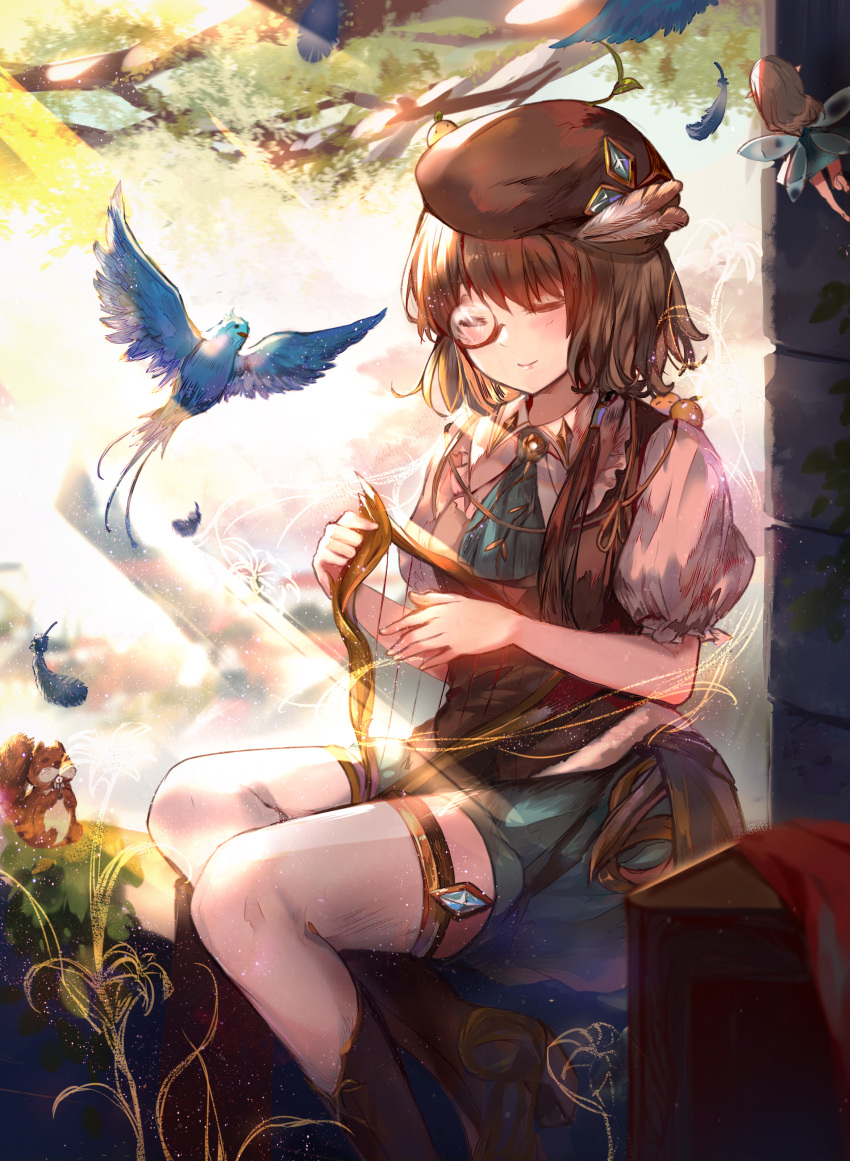 1girl absurdres beret bird blue_bird brown_hair closed_eyes commentary_request fairy feathers harp hat hat_feather highres instrument kita_(kitairoha) monocle music original playing_instrument sitting smile solo thighhighs white_thighhighs