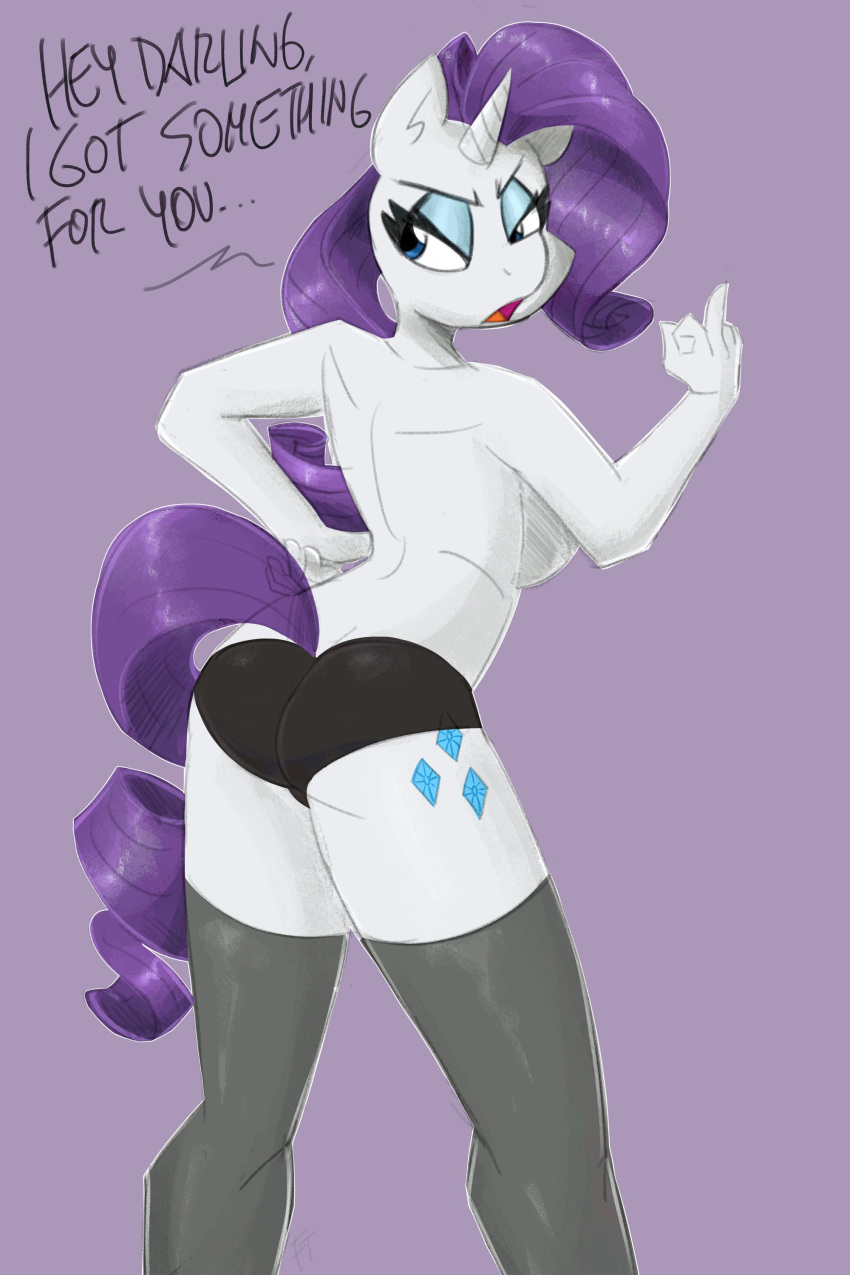 2022 absurd_res anthro anthrofied blue_eyes bottomwear breasts butt clothed clothing cutie_mark digital_media_(artwork) equid equine eyeshadow female flutterthrash friendship_is_magic gesture hair half-closed_eyes hasbro hi_res horn legwear looking_back makeup mammal middle_finger my_little_pony narrowed_eyes panties purple_background purple_hair purple_tail rarity_(mlp) simple_background solo stockings topless underwear unicorn white_body