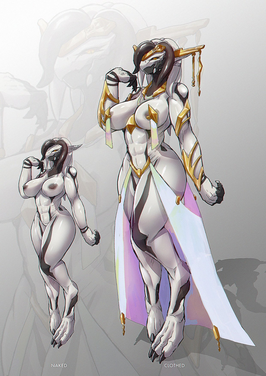 2022 abs agitype01 anthro biped breasts claws digital_media_(artwork) dragon female grey_background grey_nipples hi_res muscular muscular_anthro muscular_female nipples simple_background solo toe_claws whick_thighs white_body