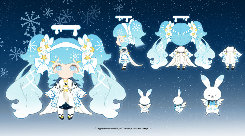 1girl :3 absurdly_long_hair bangs black_bow blue_background blue_bow blue_eyes blue_hair bow chibi closed_mouth company_name copyright crescent crescent_hair_ornament dress eyebrows_hidden_by_hair gradient gradient_background hair_bow hair_ornament hair_ribbon hairband hatsune_miku indai_(3330425) layered_dress long_hair long_sleeves looking_at_viewer melting_halo multiple_views rabbit rabbit_yukine reference_sheet ribbon see-through simple_background smile snowflake_background snowflake_in_hair standing star_(symbol) star_hair_ornament turnaround twintails very_long_hair vocaloid white_bow white_dress white_hairband white_ribbon white_wings winged_animal wings yellow_bow yuki_miku