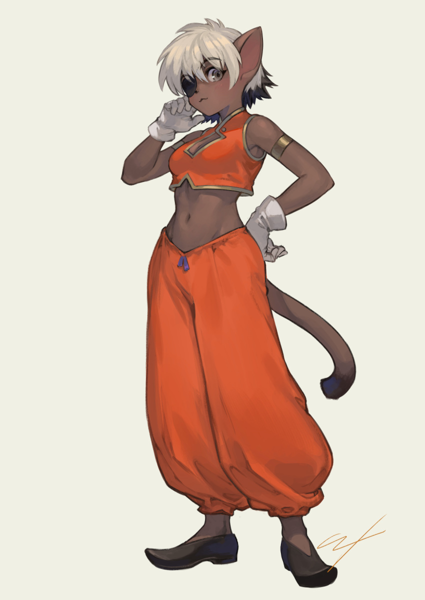 1girl alicia_priss animal_ears armlet bangs cat_ears cat_girl cat_tail commentary_request cropped_vest dark-skinned_female dark_skin dyed_bangs eyepatch furry furry_female gloves harem_pants highres little_tail_bronx midriff multicolored_hair navel nishiki_areku pants short_hair signature simple_background sleeveless slippers solo tail tail_concerto two-tone_hair vest