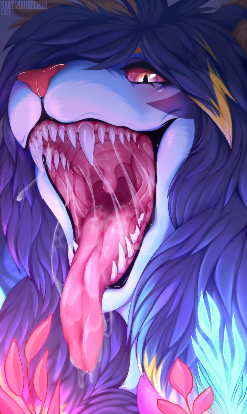absurd_res anthro blonde_hair blue_body blue_fur blue_hair blush bodily_fluids detailed_mouth eyelashes fangs female fur glistening glistening_eyes hair hi_res looking_at_viewer mouth_shot multicolored_hair open_mouth pink_nose pink_sclera pink_tongue saliva saliva_on_tongue saliva_string santanahoffman solo tongue tongue_out two_tone_hair uvula
