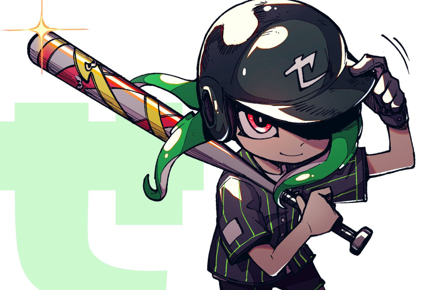 1girl adjusting_clothes adjusting_headwear baseball_bat baseball_helmet baseball_uniform black_gloves black_headwear black_shirt black_shorts buttons closed_mouth glint gloves green_hair helmet holding holding_baseball_bat inari1369 long_hair octarian octoling octoling_girl over_shoulder pink_eyes shirt short_sleeves shorts single_glove smile solo sparkle splatoon_(series) splatoon_2 sportswear striped striped_shirt suction_cups tentacle_hair