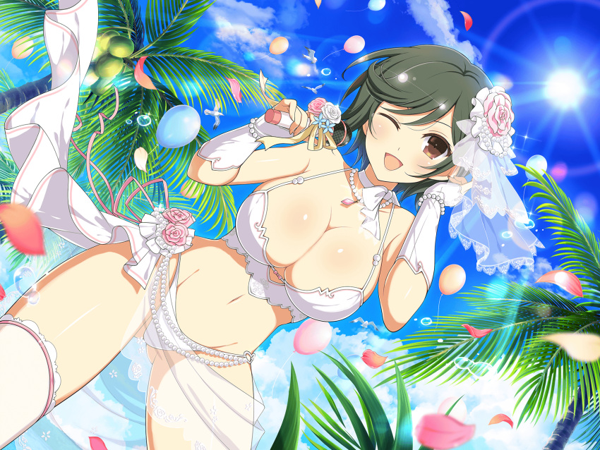 1girl arch ass bare_shoulders beach bikini blue_sky blush bouquet bow breasts cleavage cloud commentary_request day dress eyepatch floral_arch flower flower_swing frills hair_ornament head_wreath highres horizon large_breasts light_rays long_hair looking_at_viewer mai_(senran_kagura) navel ocean official_art open_mouth outdoors palm_tree petals pink_flower pink_rose purple_flower purple_rose red_eyes rose sand senran_kagura senran_kagura_new_link shore sky smile solo sunbeam sunlight swimsuit swing thighhighs tree twintails underboob water wedding_dress white_bikini white_flower white_hair white_rose yaegashi_nan