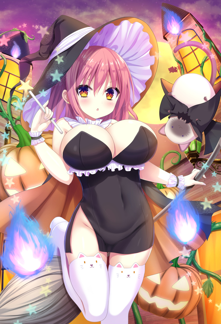 1girl black_dress blush breasts broom cape cat cleavage covered_navel dress hat highres hitodama jack-o'-lantern large_breasts long_hair original pink_hair pumpkin shiwasu_horio star_(sky) thighhighs thighs wand witch witch_hat yellow_eyes