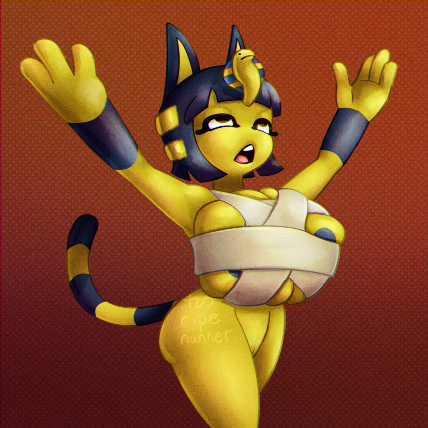 2020 4_fingers animal_crossing ankha_(animal_crossing) anthro areola arms_out bangs big_breasts blue_areola blue_hair breast_squish breasts brown_eyes chest_wraps covered_nipples digital_media_(artwork) domestic_cat egyptian egyptian_headdress felid feline felis female fingers hair hi_res looking_up mammal markings mostly_nude nannercoco nintendo open_mouth raised_arms simple_background solo squish striped_markings striped_tail stripes tail_markings two_tone_tail video_games watermark wraps yellow_body yellow_inner_ear