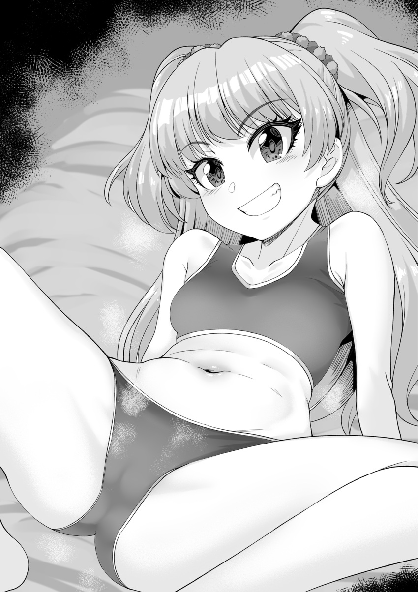 1girl ass bangs bare_shoulders blush bra breasts greyscale grin highres idolmaster idolmaster_cinderella_girls jougasaki_rika long_hair monochrome navel paid_reward_available panties small_breasts smile solo spread_legs two_side_up underwear underwear_only zasshu_nigou