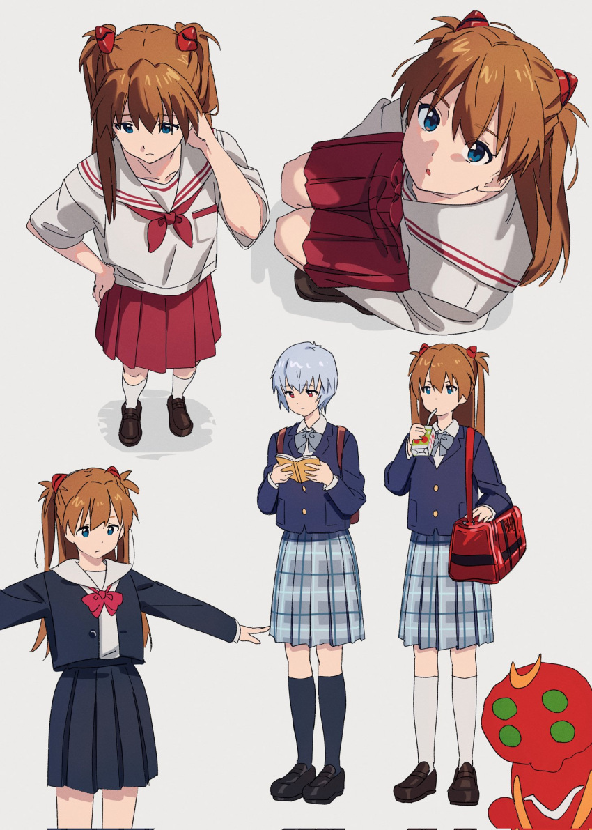 ayanami_rei blue_eyes blue_hair brown_footwear eva_02 hajikkoneko highres mecha neon_genesis_evangelion open_mouth orange_hair red_eyes red_skirt robot school_uniform short_hair simple_background sitting skirt souryuu_asuka_langley variations white_background