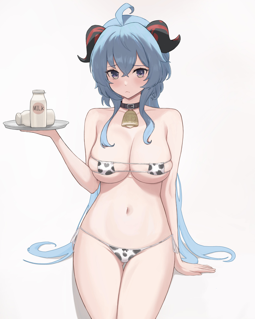 1girl absurdres ahoge animal_print ass_visible_through_thighs bangs bare_arms bare_shoulders bell belt_collar bikini blue_eyes blue_hair blush bottle breasts cleavage collar cow_print cowbell cowboy_shot crossed_bangs eyepatch_bikini frown ganyu_(genshin_impact) genshin_impact goat_horns gradient_eyes highres holding holding_tray horns large_breasts long_hair looking_at_viewer milk_bottle multicolored_eyes navel neck_bell purple_eyes raised_eyebrows sidelocks simple_background sitting skindentation solo stomach string_bikini swimsuit thigh_gap thighs tray very_long_hair vmf12345 white_background