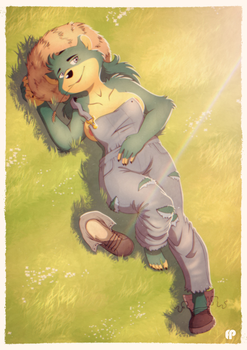 1girl absurdres animal_ears animal_nose areola_slip artist_name bare_shoulders bear_ears bear_girl blue_eyes body_fur border breasts brown_footwear brown_headwear claws collarbone commentary english_commentary flower fox-pop_vli from_above full_body furry furry_female grass green_background green_fur green_hair half-closed_eyes hand_on_own_stomach hand_up happy hat highres knee_up light_rays long_hair looking_at_viewer lying medium_breasts mouth_hold naked_overalls no_shirt on_back open_mouth original overalls pocket shoes single_shoe single_strap smile solo stalk_in_mouth straw_hat sunlight two-tone_fur watermark white_border white_flower yellow_fur