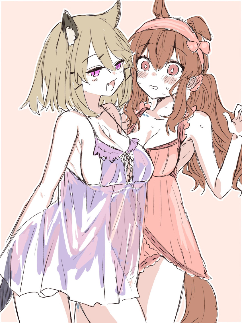 2girls alternate_costume an_fyhx angelina_(arknights) animal_ears arknights asymmetrical_docking bare_shoulders breast_press breasts brown_hair cleavage hairband highres large_breasts long_hair multiple_girls nightgown open_mouth purple_eyes short_hair sideboob sleepwear sweatdrop utage_(arknights)