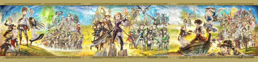 6+boys adelle_ein agnes_oblige airy_(bravely_default) anniversary boat border bravely_default:_flying_fairy bravely_default_(series) bravely_default_2 bravely_second:_end_layer character_request edea_lee elvis_lesley everyone flower gloria_nue_musa hair_flower hair_ornament hat highres ikusy janne_angard magnolia_arch multiple_boys naginata nikolai_nikolanikov official_art polearm ringabel seth_(bravley_default) sword third-party_source tiz_arrior water watercraft weapon wide_image yew_geneolgia