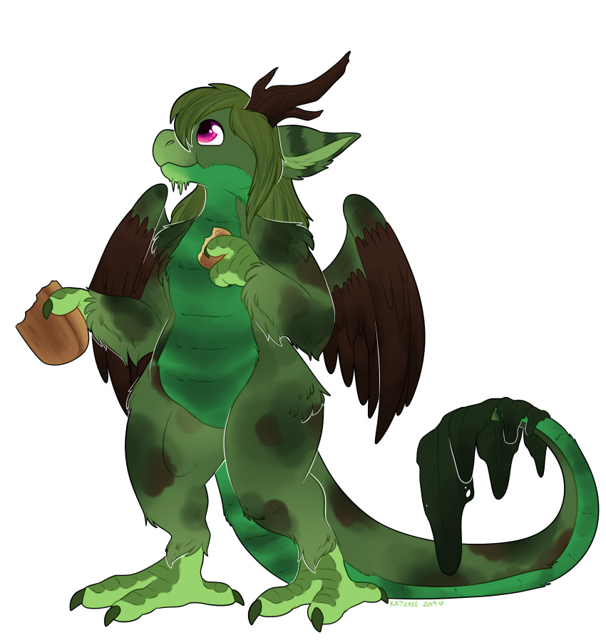 2019 2_fingers 3_toes absurd_res alpha_channel anthro bread claws dragon feathered_wings feathers feet female fingers food fur green_body green_fur green_hair hair hi_res horn kaiizree kyisha pink_eyes simple_background solo talons toe_claws toes transparent_background wings