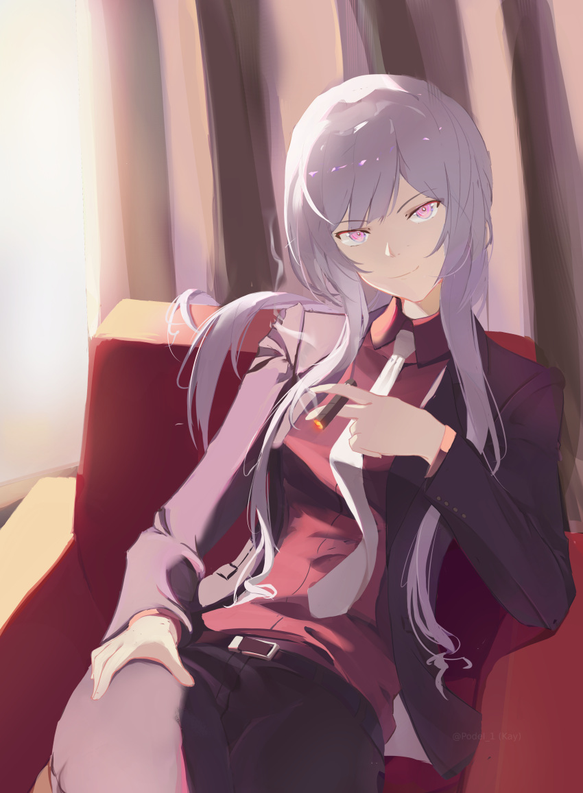 1girl absurdres ak-12_(girls'_frontline) armchair bangs between_fingers black_jacket black_pants chair cigar closed_mouth collared_shirt commentary dress_shirt formal girls'_frontline grey_hair hand_up highres holding holding_cigar indoors jacket long_hair looking_at_viewer on_chair open_clothes open_jacket pant_suit pants pink_eyes podel_1 red_shirt shirt smile solo suit very_long_hair