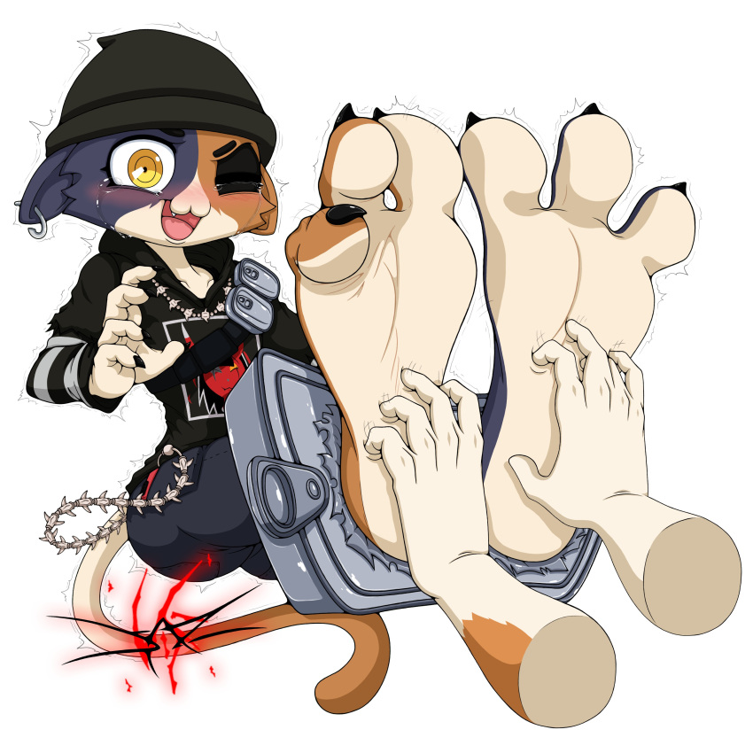 2022 3_toes 5_fingers absurd_res ambiguous_gender anthro beanie calico_cat clothed clothing dazidentevil digital_media_(artwork) disembodied_hand domestic_cat duo ear_piercing epic_games feet felid feline felis fingers foot_fetish fortnite hat headgear headwear hi_res humanoid_feet mammal meow_skulls_(fortnite) mottled one_eye_closed open_mouth piebald piercing simple_background soles solo_focus tickling tickling_feet toes video_games white_background