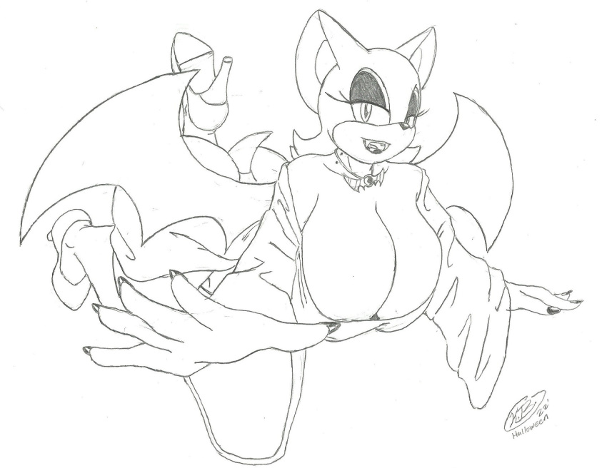 anthro big_breasts big_butt breasts butt chiropteran clothed clothing female flying footwear hi_res high_heels krocialblack lipstick looking_at_viewer makeup mammal membrane_(anatomy) membranous_wings piercing rouge_the_bat sega shoes smile solo sonic_the_hedgehog_(series) thick_thighs vampire video_games wings