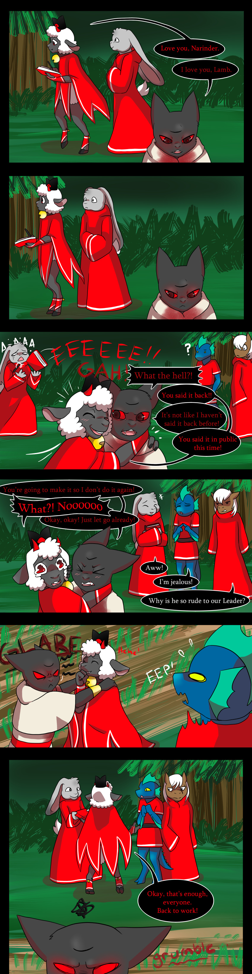absurd_res ambiguous_gender anthro belt bovid caprine clothing comic cult_of_the_lamb embrace equid equine felid feline female follower_(cult_of_the_lamb) forest forest_background foxypheonix glowing glowing_eyes hi_res horn horse hug lagomorph lamb_(cult_of_the_lamb) leporid male mammal narinder nature nature_background plant rabbit red_cloak red_clothing red_crown_(cult_of_the_lamb) red_eyes sheep tree