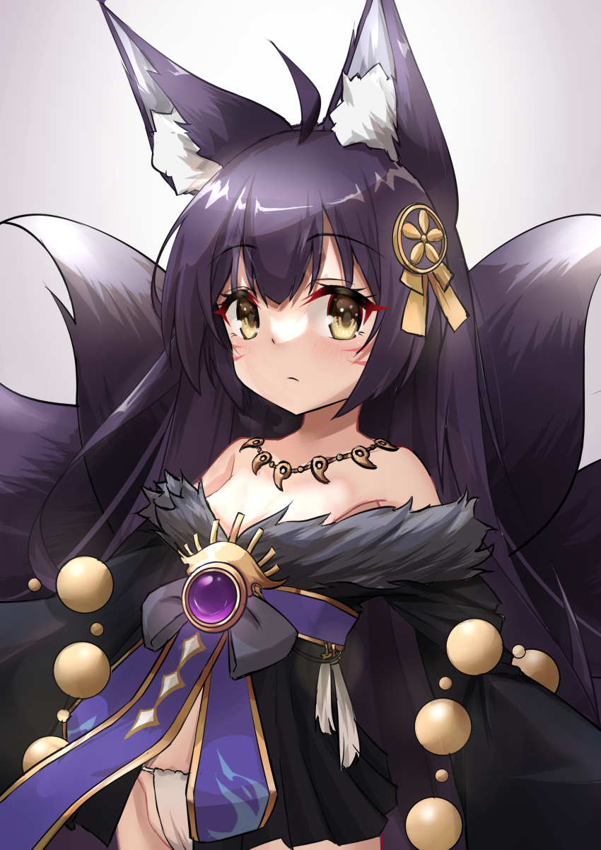 1girl absurdres aged_down ahoge animal_ear_fluff animal_ears azur_lane bangs black_hair blush breasts brown_eyes closed_mouth commentary_request facial_mark fox_ears fox_girl fox_tail fur-trimmed_kimono fur_trim gradient gradient_background grey_background groin hair_between_eyes hair_ornament highres japanese_clothes jewelry kimono long_hair long_sleeves looking_at_viewer magatama magatama_necklace musashi_(azur_lane) nagato-chan necklace off_shoulder panties revision small_breasts solo tail underwear very_long_hair whisker_markings white_background white_kimono white_panties wide_sleeves