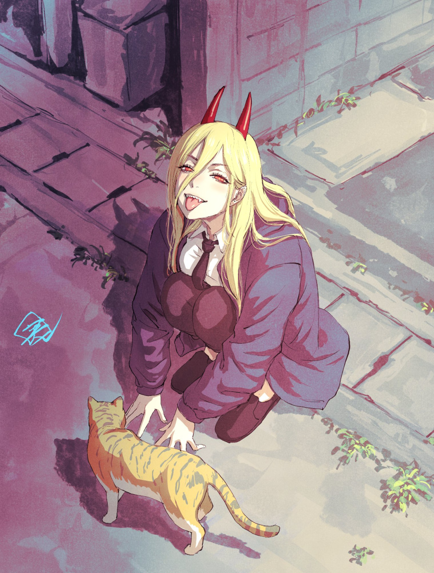 +_+ 1girl :p black_necktie black_pants blonde_hair blue_jacket blush breasts cat chainsaw_man collared_shirt commentary day demon_horns dress_shirt eyelashes from_above fujii_eishun full_body hair_between_eyes half-closed_eyes highres hood hood_down hooded_jacket horns jacket knees_to_chest long_hair long_sleeves looking_at_viewer medium_breasts necktie open_clothes open_jacket outdoors pants power_(chainsaw_man) red_eyes shadow sharp_teeth shirt signature smile smirk solo squatting sunlight teeth tongue tongue_out white_shirt wing_collar