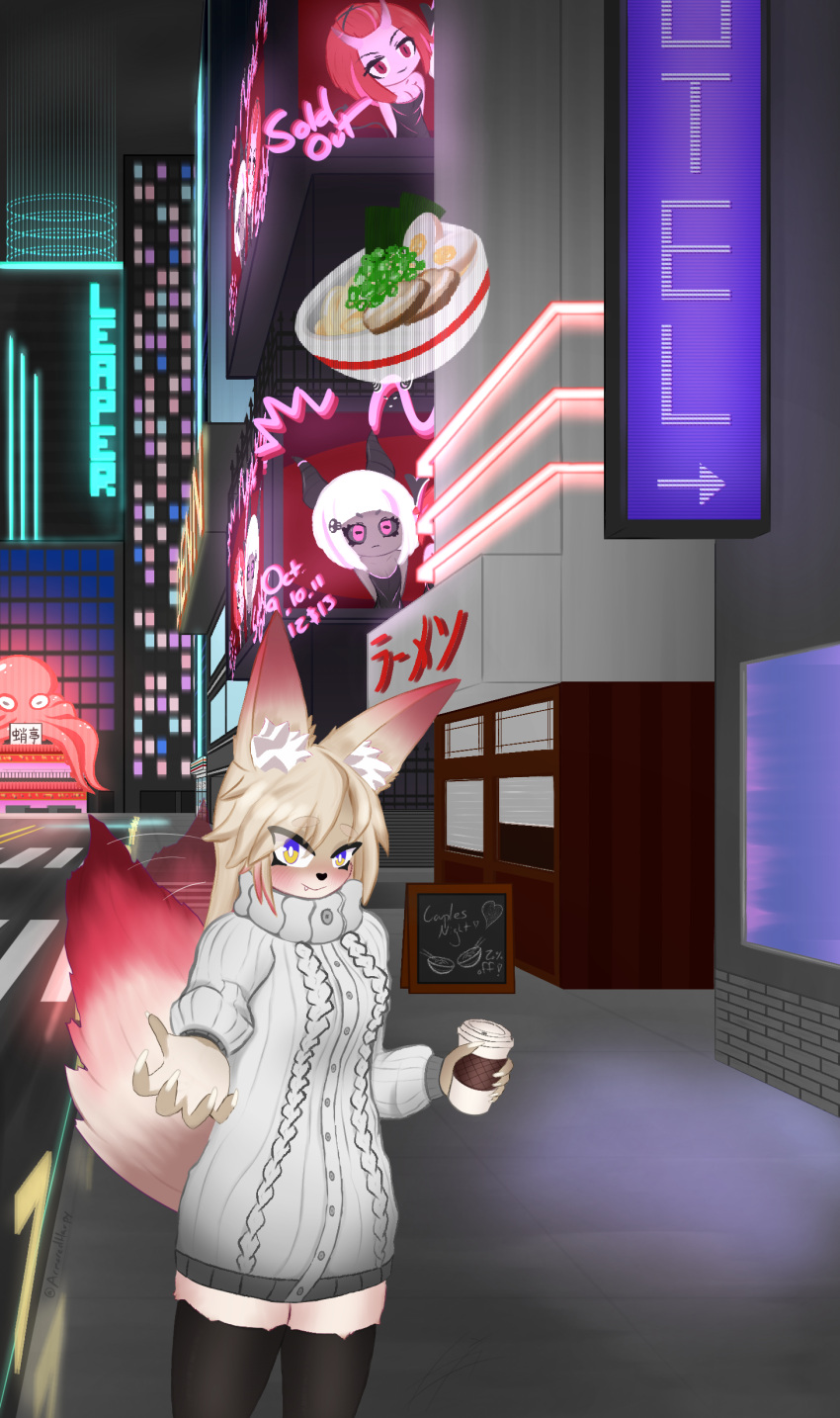absurd_res amber_(space_leaper) anthro armoredharpy blush canid canine canis clothed clothing detailed_background female fluffy fluffy_tail hi_res inner_ear_fluff jackal legwear looking_at_viewer mammal solo space_leaper:cocoon sweater tagme thigh_highs topwear tuft