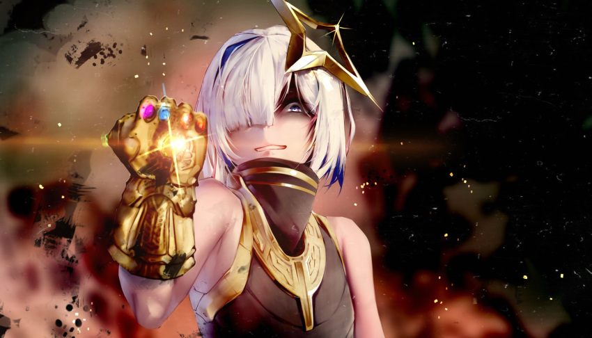 1girl amane_kanata bangs blue_hair colored_inner_hair cosplay gauntlets grey_hair highres hololive infinity_gauntlet infinity_gems marvel multicolored_hair parus_p purple_eyes short_hair smile smoke solo streaked_hair thanos thanos_(cosplay) virtual_youtuber