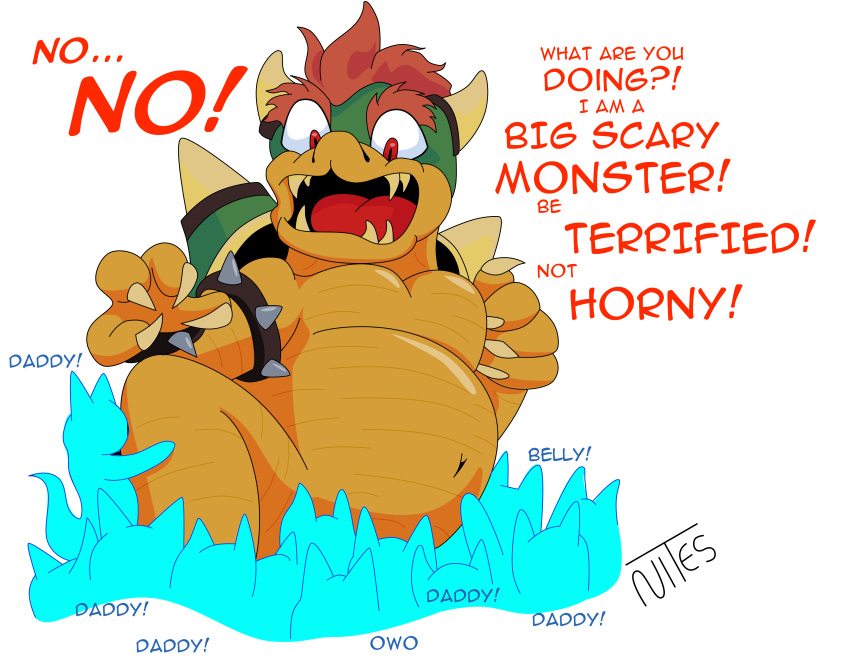 absurd_res anthro belly bowser daddy_kink hi_res male mario_bros musclegut nintendo nuites owo scared size_difference solo uncomfortable video_games ych_(character)
