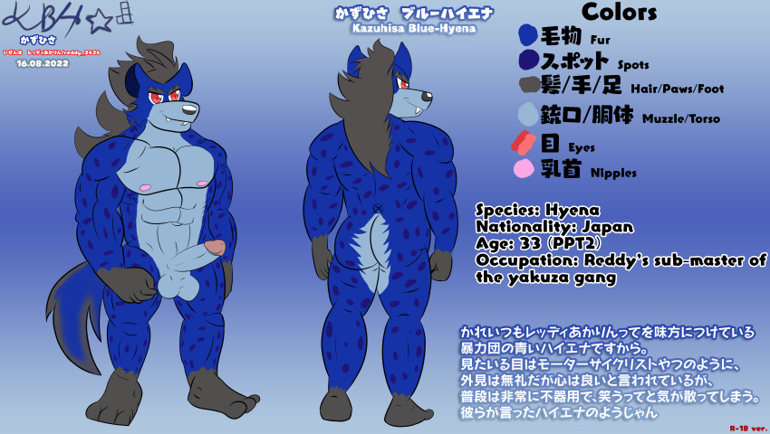 2022 absurd_res anthro balls black_hair blue_body blue_fur butt erection fur genitals hair hi_res hyaenid kazuhisa kbh_yeen male mammal model_sheet penis red_eyes solo