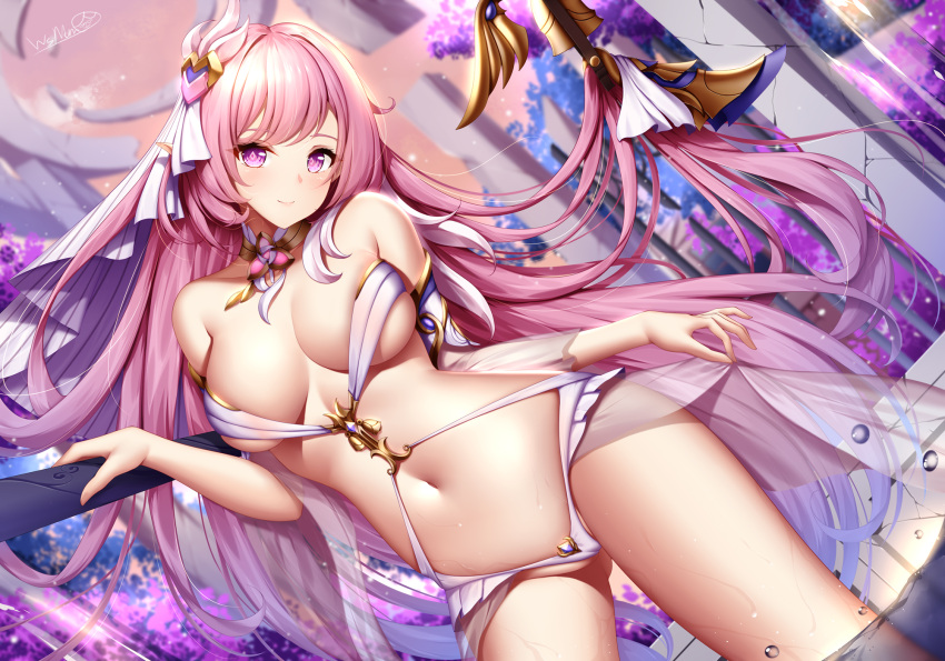 1girl bangs bare_shoulders blush breasts cleavage collarbone elf elysia_(herrscher_of_human:ego) elysia_(honkai_impact) hair_ornament highres honkai_(series) honkai_impact_3rd large_breasts long_hair looking_at_viewer navel pink_hair pointy_ears purple_eyes revealing_clothes solo thighs wsman