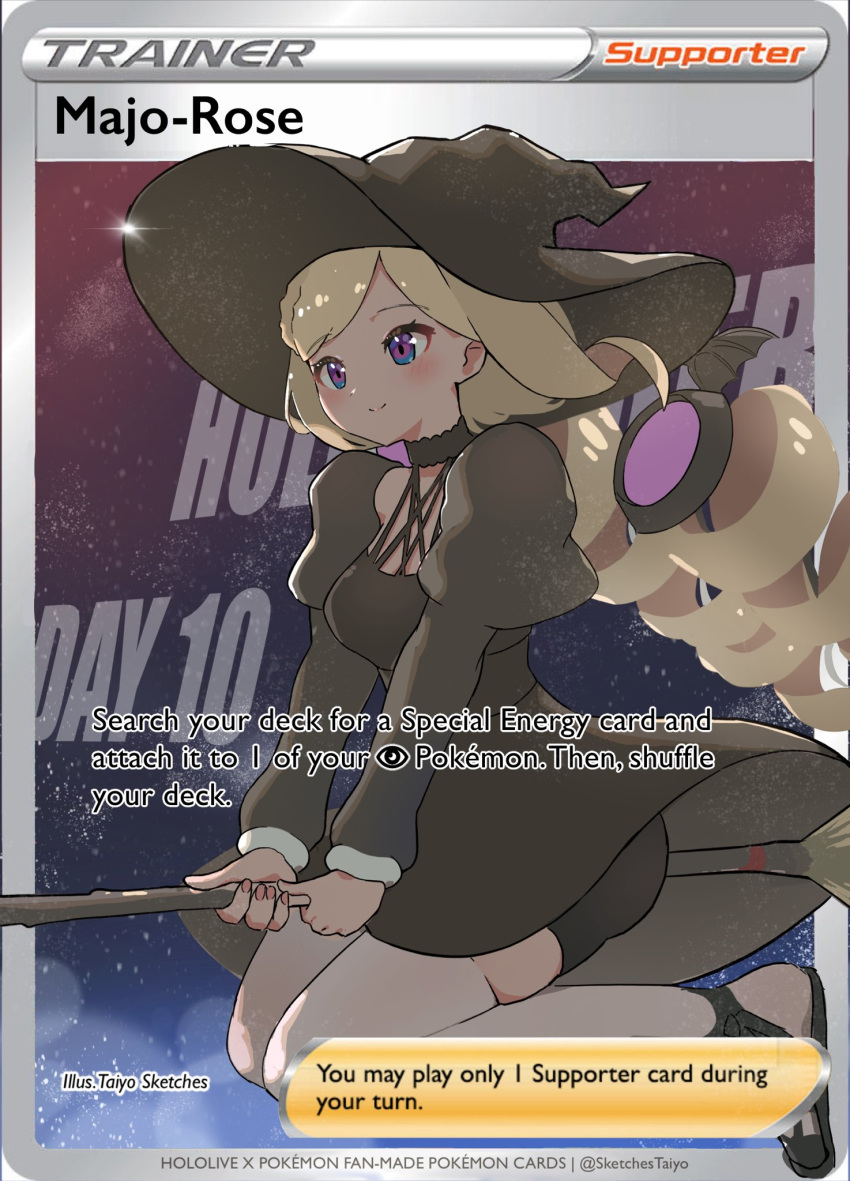 1girl aki_rosenthal bangs bike_shorts black_dress blonde_hair broom broom_riding dress gloves hat highres hololive long_hair pokemon pokemon_card pokemon_tcg sky taiyo_sketches thighhighs virtual_youtuber witch witch_hat