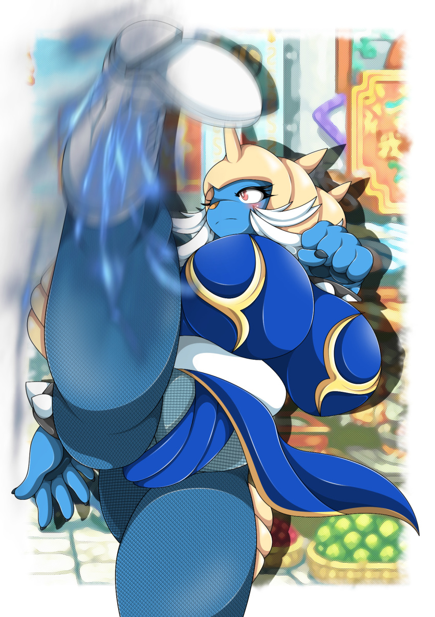 anthro big_breasts blue_body breasts capcom chun-li clothed clothing female fishnet fishnet_legwear generation_5_pokemon hi_res kick legwear looking_up mellonsoda nintendo pokemon pokemon_(species) samurott solo street_fighter thick_thighs video_games