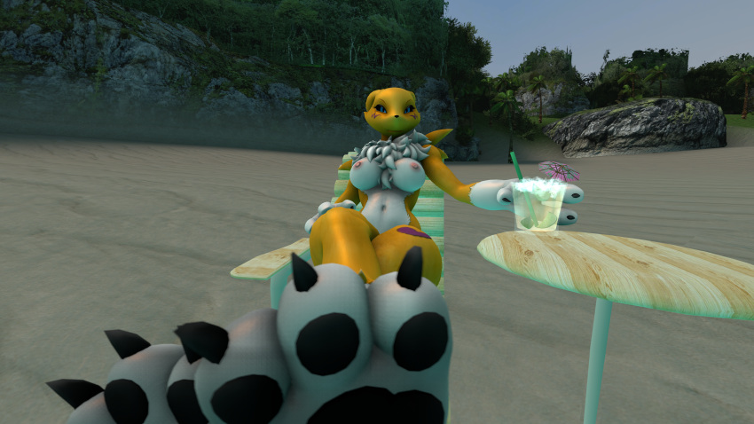 3d_(artwork) absurd_res bandai_namco beach digimon digimon_(species) digital_media_(artwork) foot_fetish heckinhyena hi_res huge_filesize nude paws renamon seaside solofocus source_filmmaker