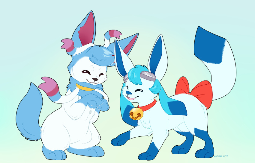 2019 3_fingers 4_toes absurd_res ambiguous_gender bell bell_collar blue_body blue_fur blue_hair bow_ribbon cel_(glaceon) collar duo eeveelution eyes_closed eyewear eyewear_on_head feet female feral fingers fur generation_4_pokemon generation_6_pokemon glaceon goggles goggles_on_head hair hi_res kaiizree nintendo open_mouth paws playing pokemon pokemon_(species) sai_(sylveon) shiny_pokemon smile sylveon toes tongue video_games white_body white_fur