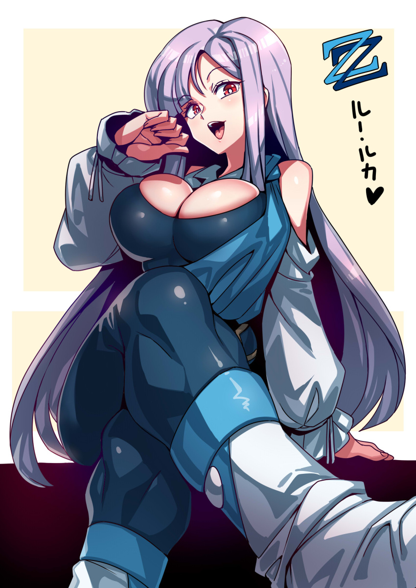 1girl bare_shoulders breasts cleavage crossed_legs feet_out_of_frame gundam gundam_zz highres large_breasts long_hair looking_at_viewer open_mouth pantyhose purple_eyes purple_hair roux_louka smile solo tukiwani