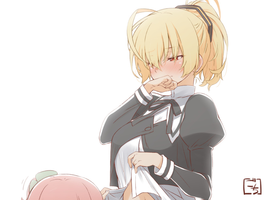 2girls ahoge andou_tazusa artist_name assault_lily bangs black_ribbon blonde_hair blush breasts buttons closed_mouth clothes_lift clover_hair_ornament commentary covering_mouth cropped_jacket embarrassed four-leaf_clover_hair_ornament gochisousama_(tanin050) hair_between_eyes hair_ornament hair_ribbon half-closed_eyes hand_up hands_up high_ponytail hitotsuyanagi_riri juliet_sleeves large_breasts lifted_by_another lifted_by_self long_sleeves looking_at_another looking_down motion_lines multiple_girls navel neck_ribbon nose_blush one_side_up pink_hair ponytail puffy_sleeves red_eyes ribbon school_uniform shirt shirt_lift short_hair simple_background solo_focus sweat two-tone_ribbon upper_body white_background white_shirt yellow_ribbon yuri yurigaoka_girls_academy_school_uniform