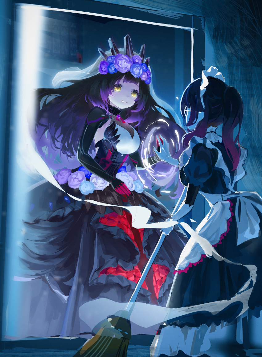 2girls absurdres android apron backless_dress backless_outfit black_dress black_hair blue_flower blue_rose breasts broom crown dress dual_persona fantasy flower glasses gradient_hair hair_flower hair_ornament highres holding holding_broom hololive large_breasts long_hair looking_at_another looking_at_mirror maid maid_apron maid_headdress mechanical_arms mirror multicolored_hair multiple_girls ponytail purple_flower purple_hair purple_rose ripples roboco-san rose sleeveless sleeveless_dress smile smoke_trail standing sweeping veil virtual_youtuber wellsy white_apron white_flower white_rose yellow_eyes