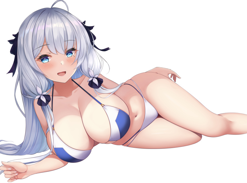 1girl alternate_costume azur_lane bikini blue_bikini blue_eyes breasts feet_out_of_frame hair_ribbon highres illustrious_(azur_lane) large_breasts long_hair looking_at_viewer lying navel on_side open_mouth ribbon shenqi_(toid310) simple_background skindentation solo swimsuit thighhighs two-tone_bikini very_long_hair white_background white_bikini white_hair