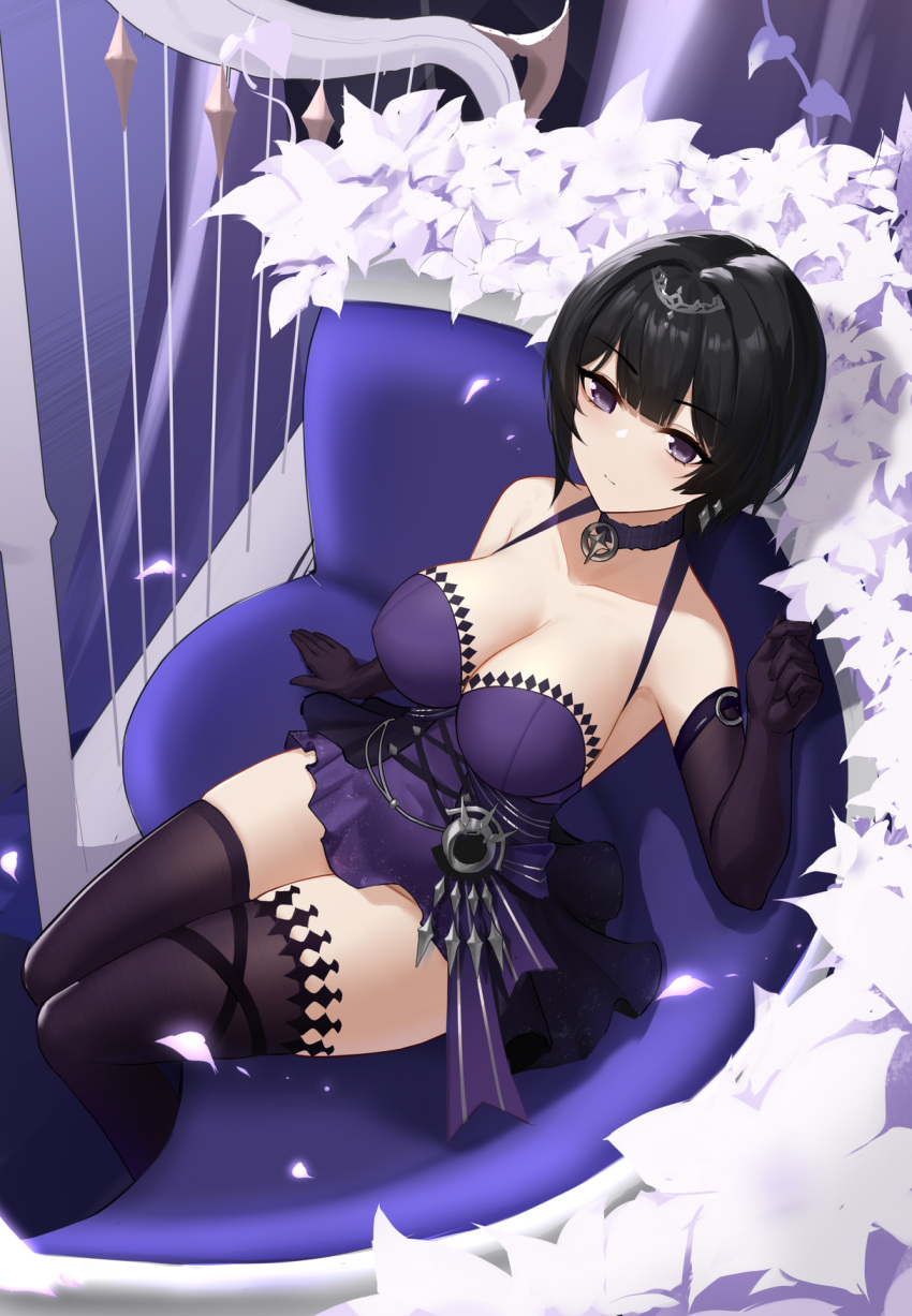 1girl aether_gazer anming bangs bare_shoulders black_gloves black_hair black_thighhighs blunt_bangs blush breasts choker cleavage closed_mouth dress elbow_gloves falling_petals flower from_above gloves groin hair_intakes hair_ornament halter_dress halterneck highres large_breasts looking_at_viewer looking_up petals purple_choker purple_dress purple_eyes short_dress short_hair sitting solo thighhighs thighs tsukuyomi_(aether_gazer) white_flower