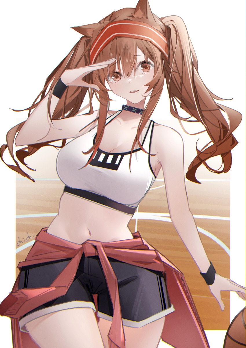 1girl absurdres angelina_(arknights) animal_ears arknights basketball black_collar black_shorts black_wrist_cuffs breasts brown_eyes brown_hair chichi_guai cleavage clothes_around_waist collar collarbone cowboy_shot fox_ears hair_between_eyes hand_up highres infection_monitor_(arknights) jacket jacket_around_waist large_breasts long_hair midriff navel official_alternate_costume red_jacket shorts sidelocks solo sports_bra thigh_gap twintails white_sports_bra
