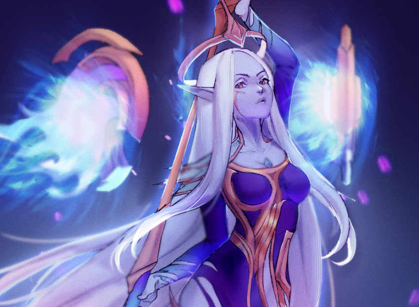 blue_body blue_skin breasts clothed clothing digital_media_(artwork) female golub_lol hair half-length_portrait humanoid humanoid_pointy_ears league_of_legends long_hair looking_at_viewer portrait riot_games shaded solo soraka video_games yellow_eyes