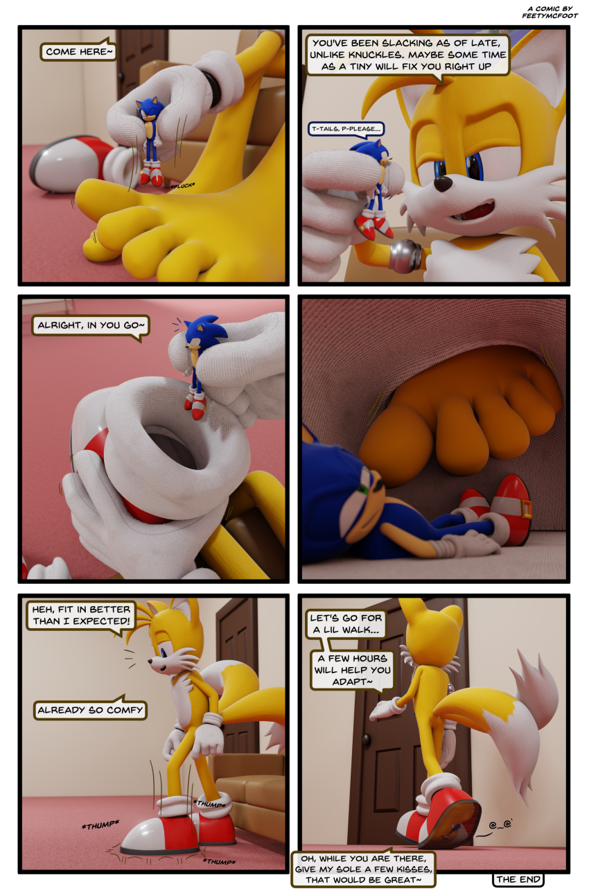 5_toes absurd_res anthro barefoot canid canine clothing comic dialogue duo eulipotyphlan feet feetymcfoot foot_fetish foot_focus foot_play fox hedgehog hi_res humanoid_feet inside_clothing inside_shoe insole male male/male mammal miles_prower sega shrinking size_transformation soles sonic_the_hedgehog sonic_the_hedgehog_(series) speech_bubble toes trampling transformation trapped_in_clothing trapped_in_shoe underfoot