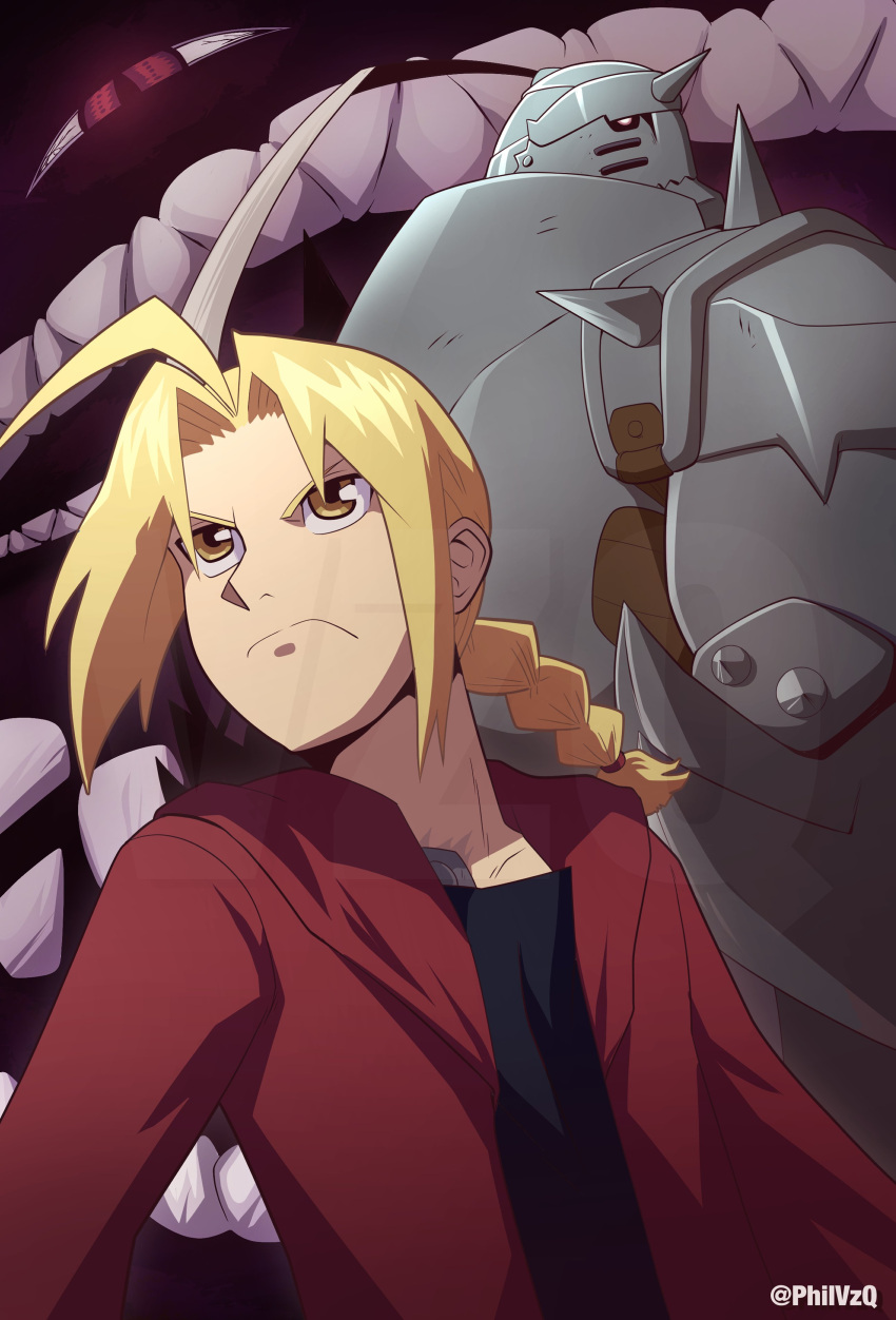 2boys absurdres ahoge alphonse_elric angry armor arms_at_sides back-to-back bangs black_shirt blonde_hair braid braided_ponytail brothers cape clenched_teeth closed_mouth creature darkness edward_elric elbow_spikes evil_grin evil_smile frown fullmetal_alchemist glowing glowing_eyes grin helmet highres looking_at_viewer looking_away looking_back multiple_boys parted_bangs phil_vzq ponytail pride_(fma) red_cape red_eyes shirt shoulder_spikes siblings single_braid smile spiked_armor spiked_helmet spikes standing teeth yellow_eyes